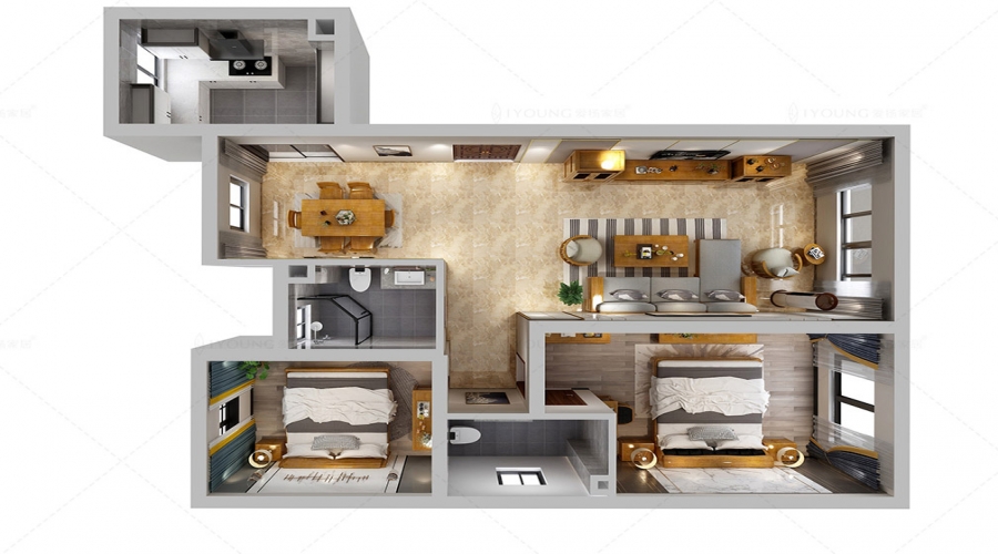 Yipin Walnut Case Study of Two bedroom, one living room, one dining room, 107 square meters