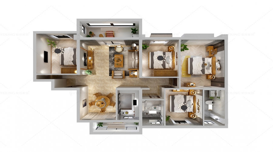 Yipin Walnut Case study of a 145 ㎡ with four bedrooms one living room and one dining room