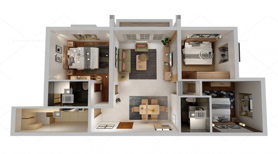 Case Study of 109 square meters with three bedrooms one living room and one dining room